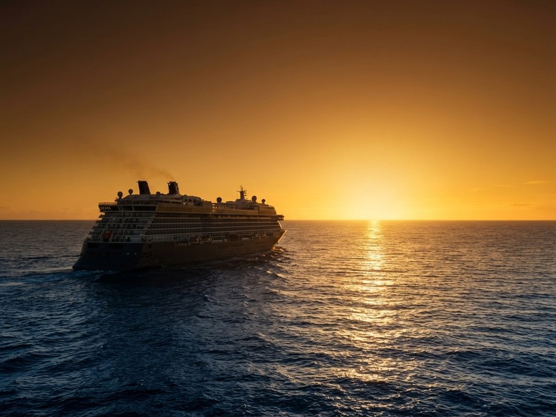 A large cruise ship navigates open ocean water toward a bright setting sun on the horizon.