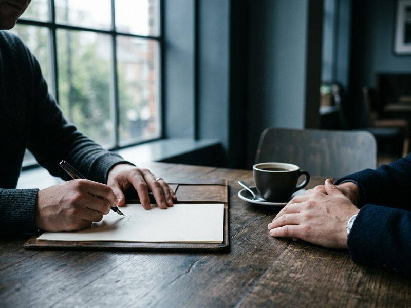 Two people at a table, one signing a document beside a coffee cup