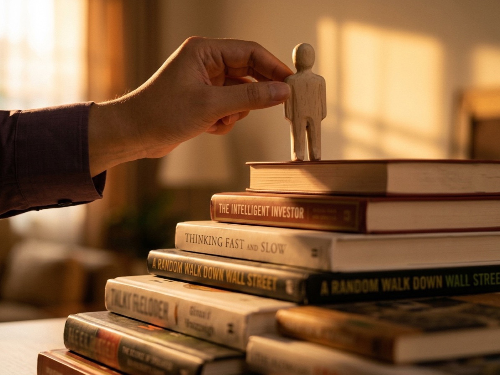 Hand placing a small wooden figure on top of a stack of investing books
