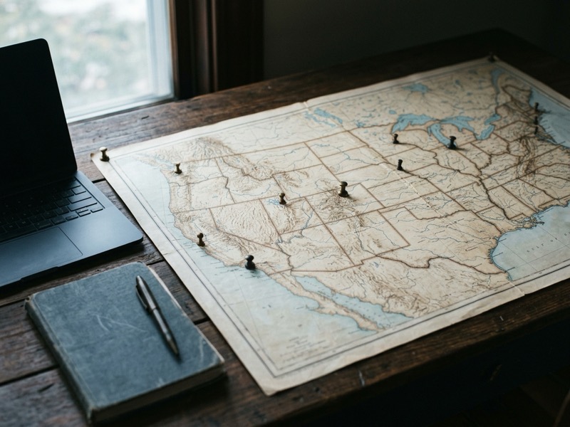A map of the United States with push pins on a desk beside a laptop