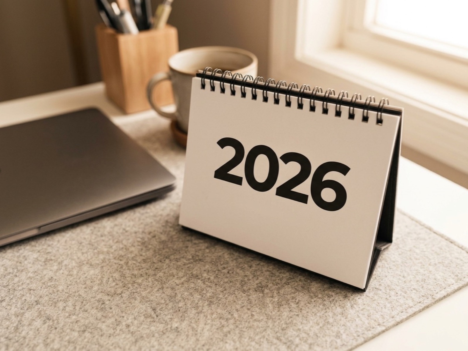 Desk calendar reading 2026 propped beside a laptop, mug and pen cup near a bright window