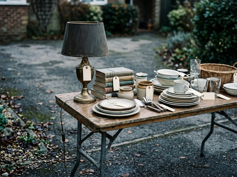 Secondhand household items on a folding table in a driveway