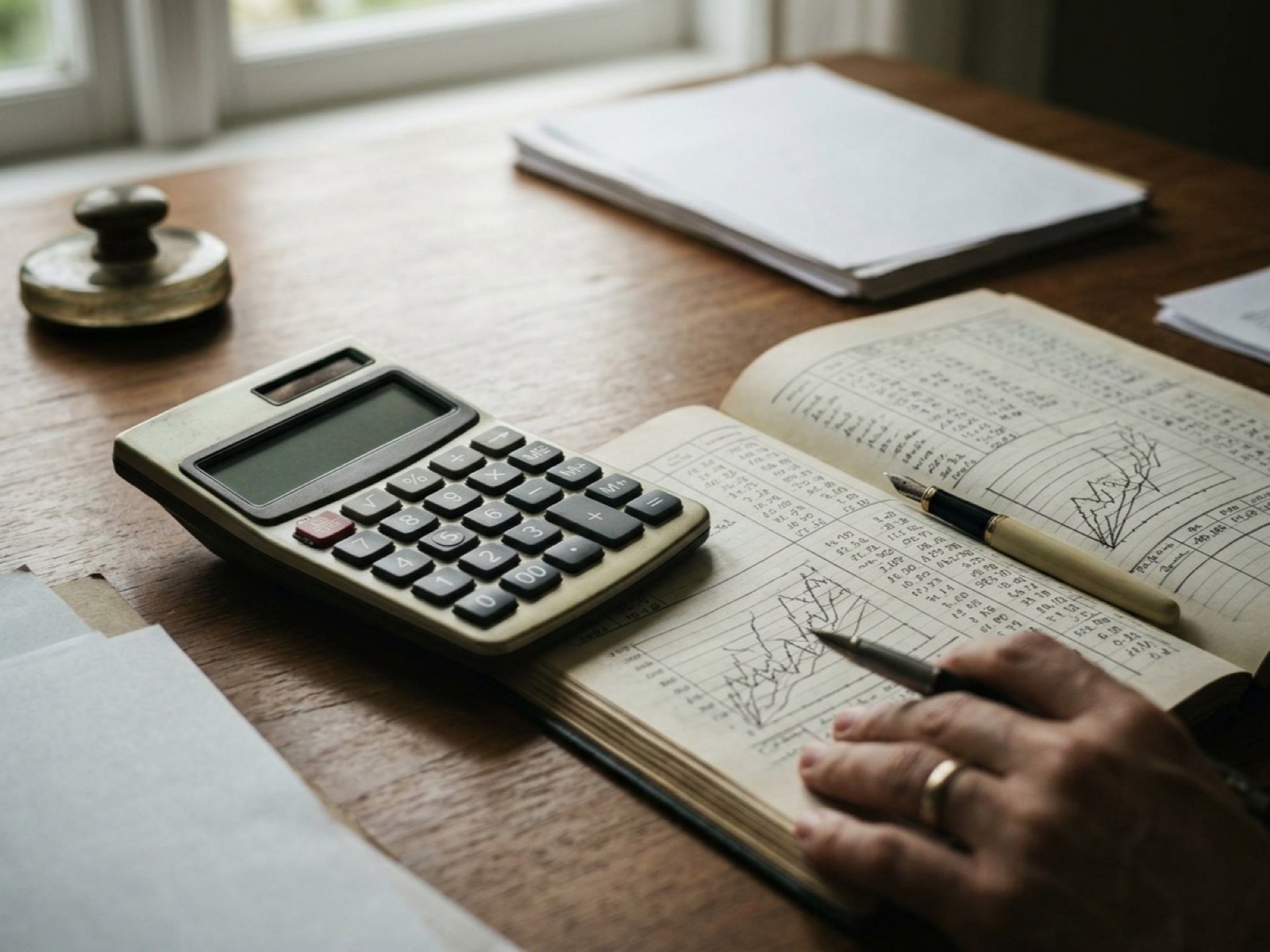 Hand with a pen tracing a chart in an open ledger next to a worn calculator by a window