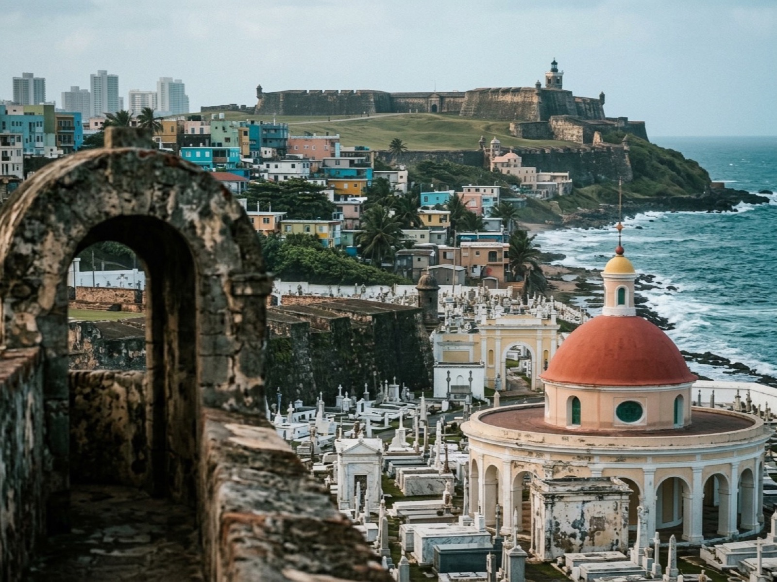 Old San Juan coastline with a domed cemetery chapel, colorful houses and the El Morro fortress