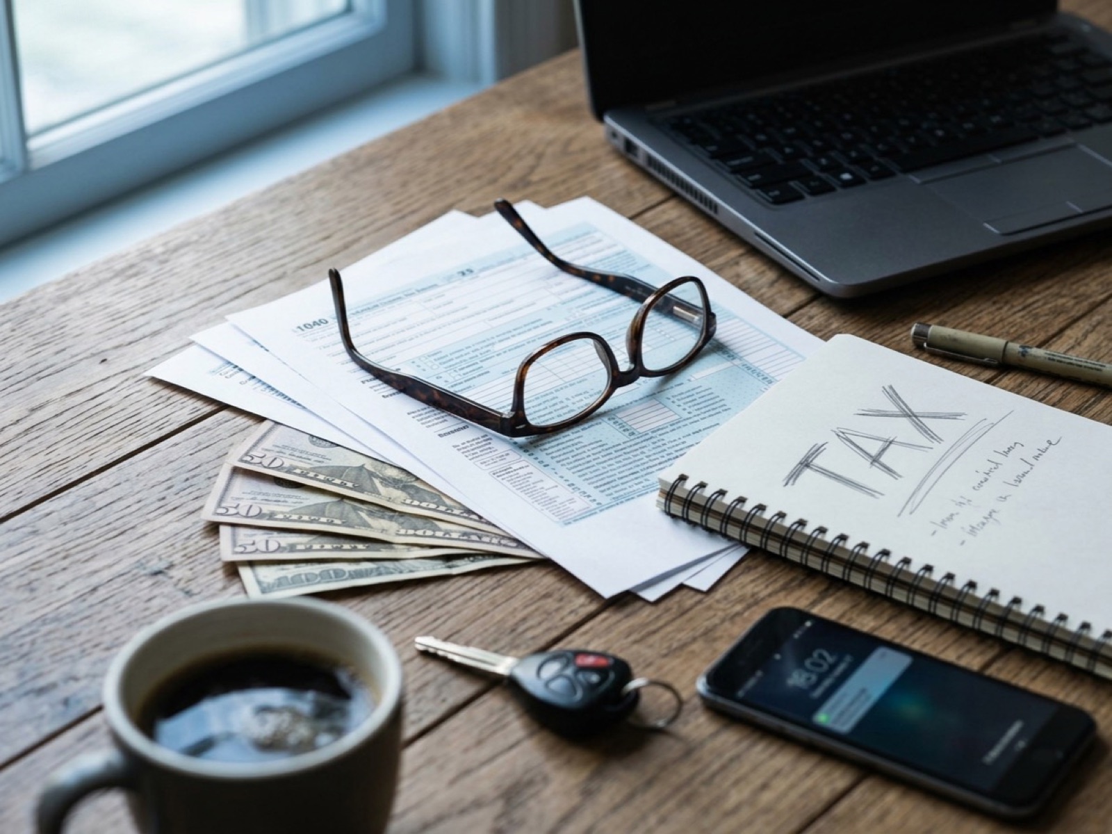 Glasses resting on tax forms next to cash, car keys, coffee and a notebook labeled TAX