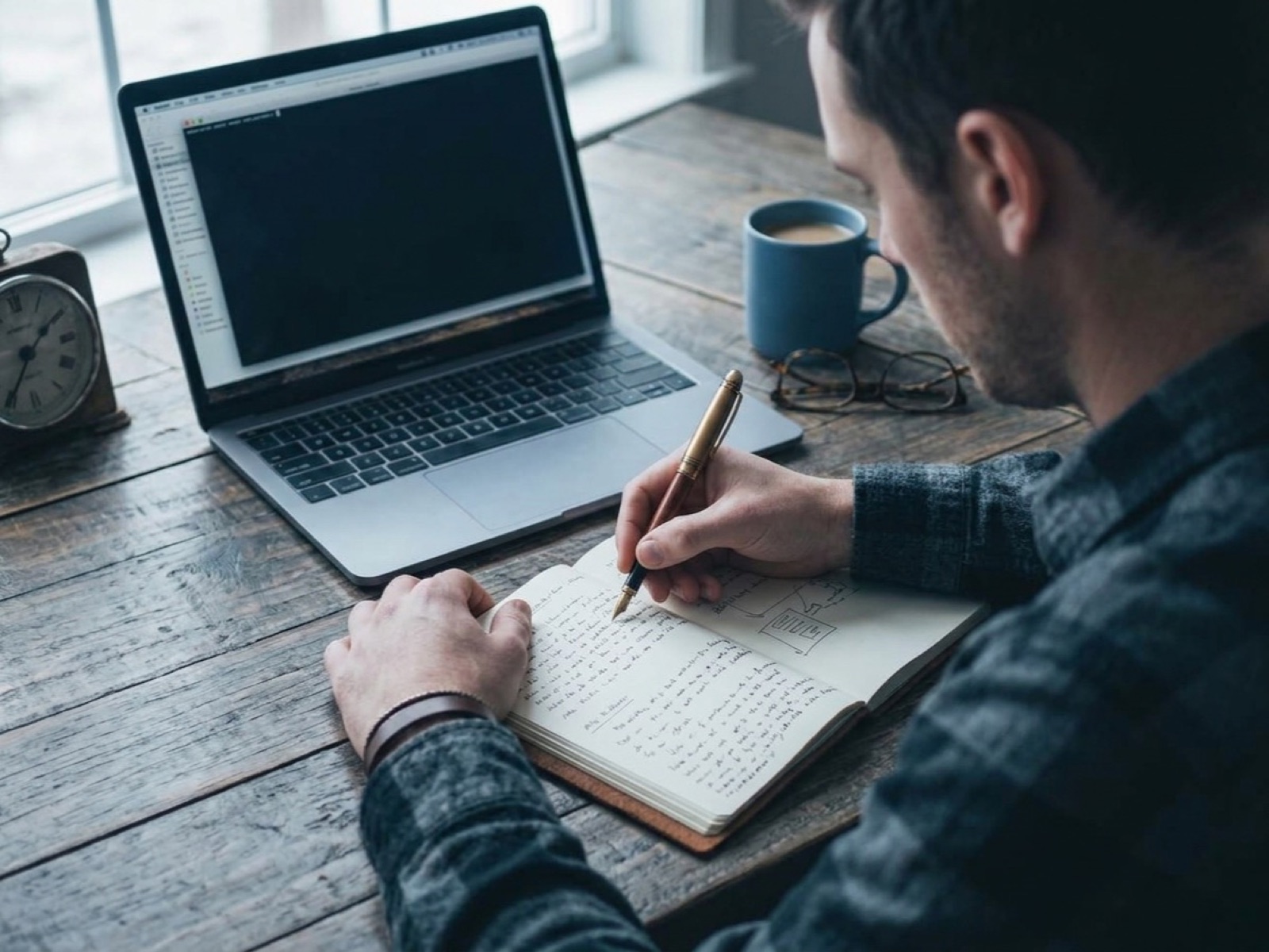 Man writing in a notebook beside an open laptop, coffee mug and alarm clock on a rustic desk