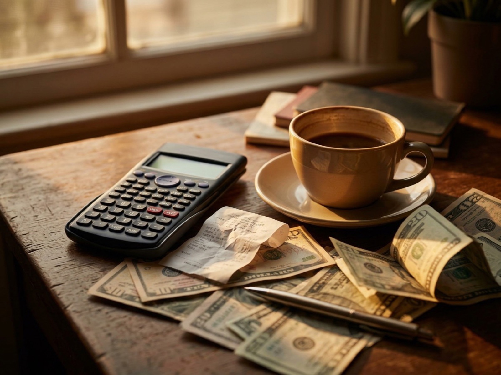Calculator, crumpled receipt, scattered dollar bills and a cup of coffee on a desk by a window