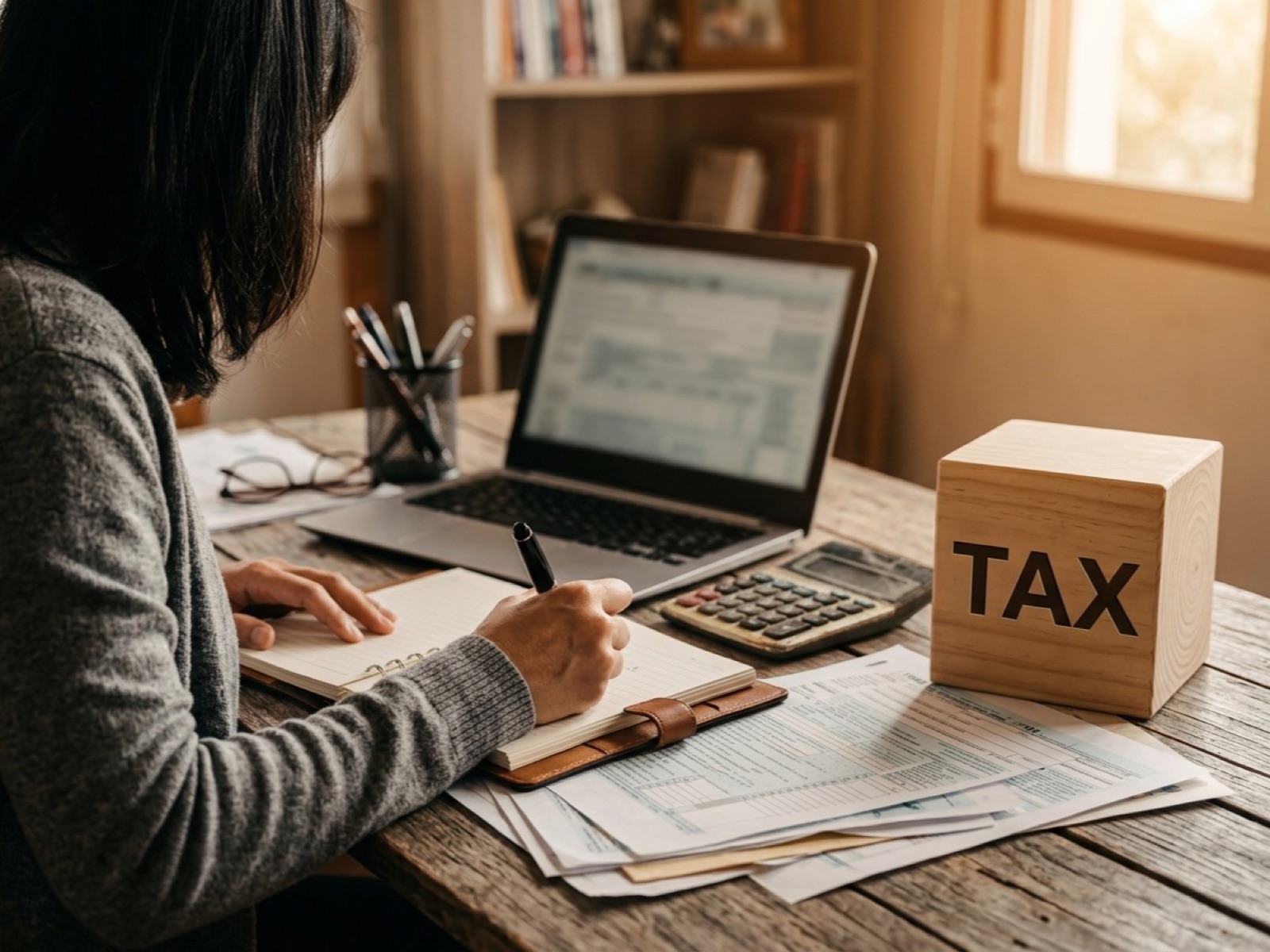 Woman writing notes beside a laptop, calculator and a wooden block reading TAX on a paper-covered desk