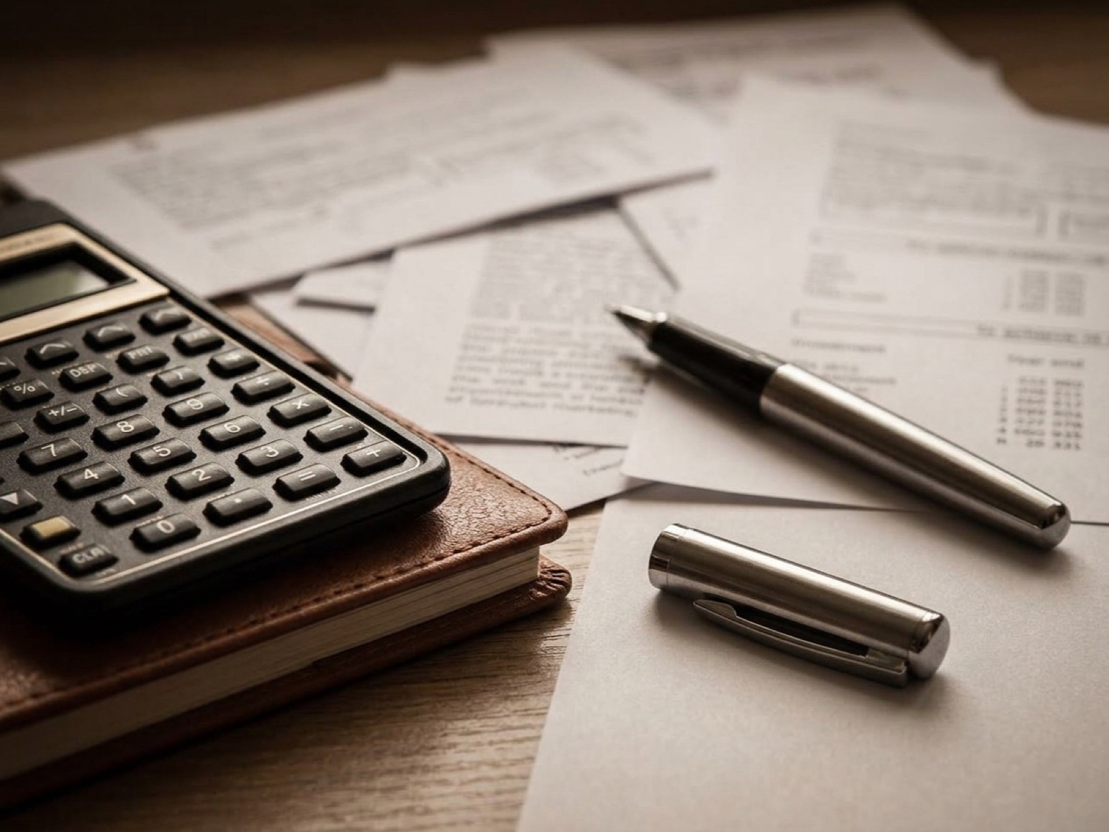 Calculator on a leather notebook with a silver fountain pen uncapped among scattered receipts