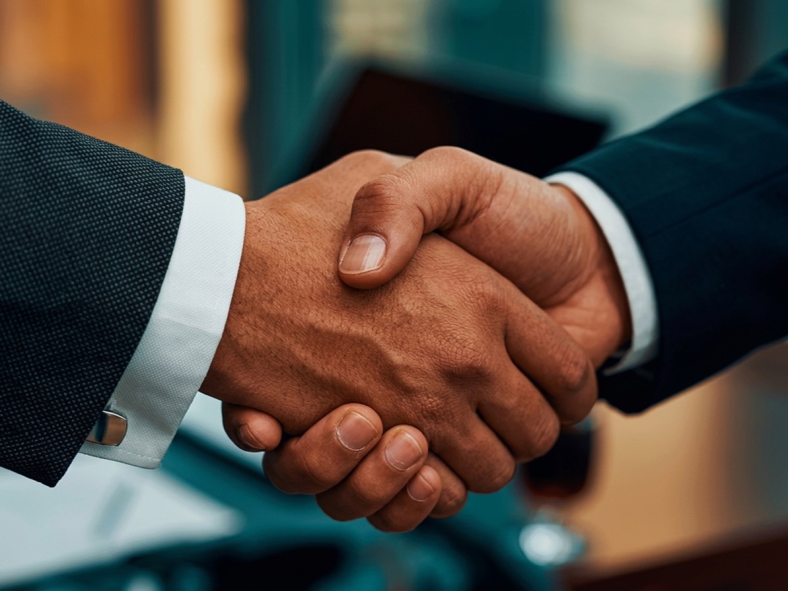 Two people in suits shaking hands in close-up in an office