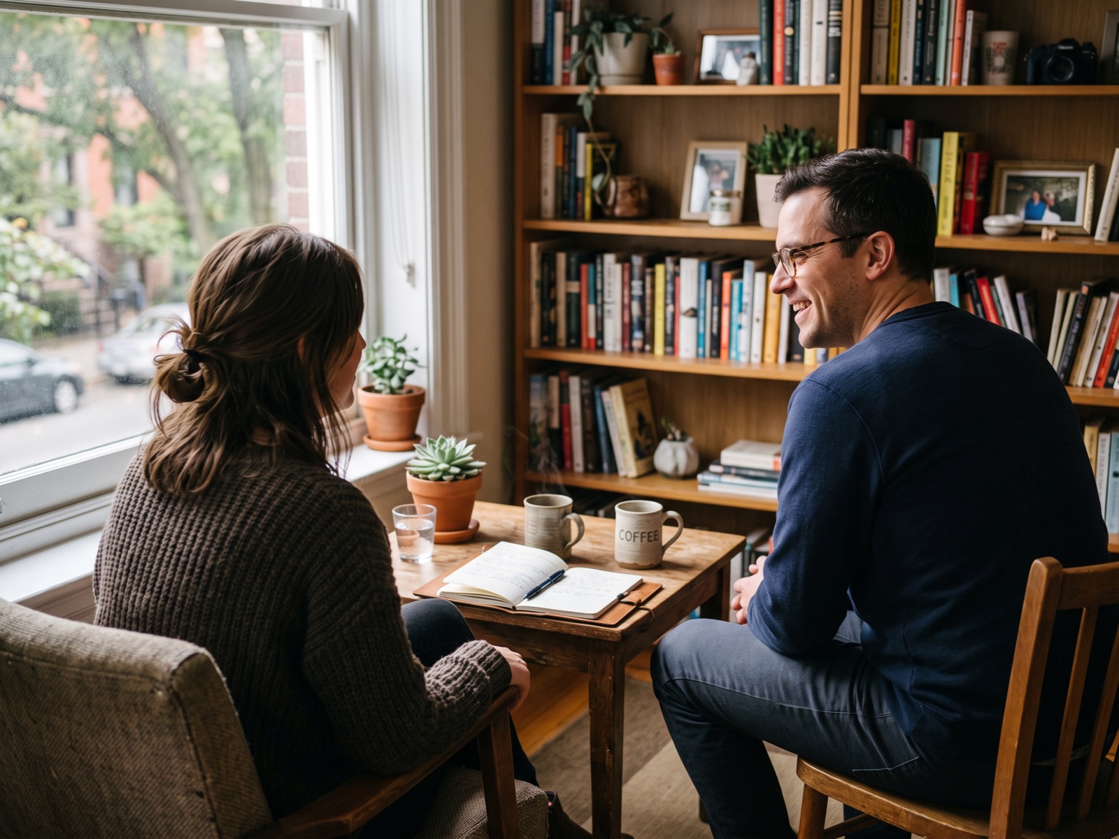 Two people talking over coffee and a notebook at a small table beside a window and full bookshelves