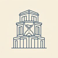 Line illustration of a classical building with an hourglass in the entrance