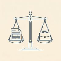 Balance scale with tax documents on one side and a briefcase on the other