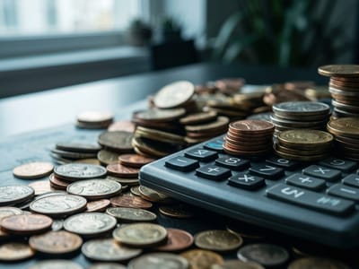 Calculator resting on piles of assorted coins spread across a dark table