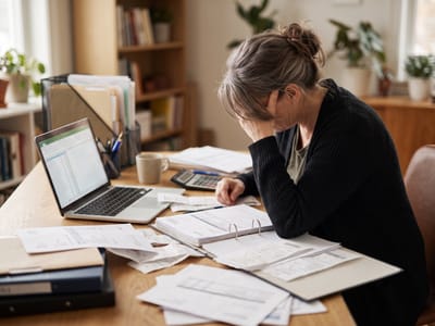 Woman holding her head at a desk covered in invoices, binders and a laptop showing a spreadsheet