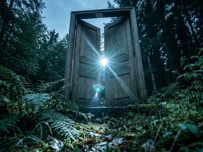 Freestanding wooden double doors opening in a dark forest with light shining through the gap