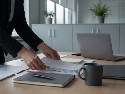Person in a blazer gathering a stack of documents on a conference table with a laptop and mug