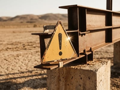 Yellow warning triangle strapped to steel beams resting on concrete blocks in a desert