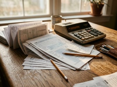 Tax forms and receipts spread across a wooden desk with pencils and a vintage adding machine