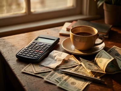 Calculator, crumpled receipt, scattered dollar bills and a cup of coffee on a desk by a window