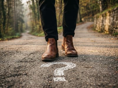 Person in boots standing at a chalk question mark where a country road forks in the woods
