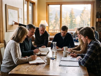 Family group taking notes around a wooden table in a lodge while one person points at a wall chart