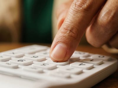 Finger pressing a key on a white calculator in close-up