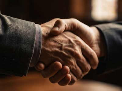 Close-up handshake between two men in suit jackets in warm low light