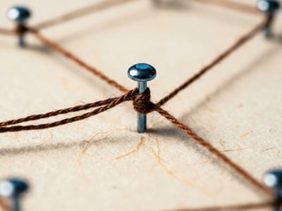 Brown threads linking pins on a board, wrapped around one central pin