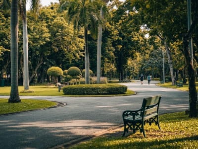 Empty bench beside a curving path through a leafy park with two people walking in the distance