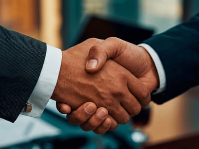 Two people in suits shaking hands in close-up in an office